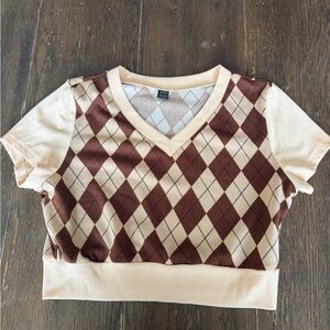 SHEIN Cream and Brown Argyle Crop Top